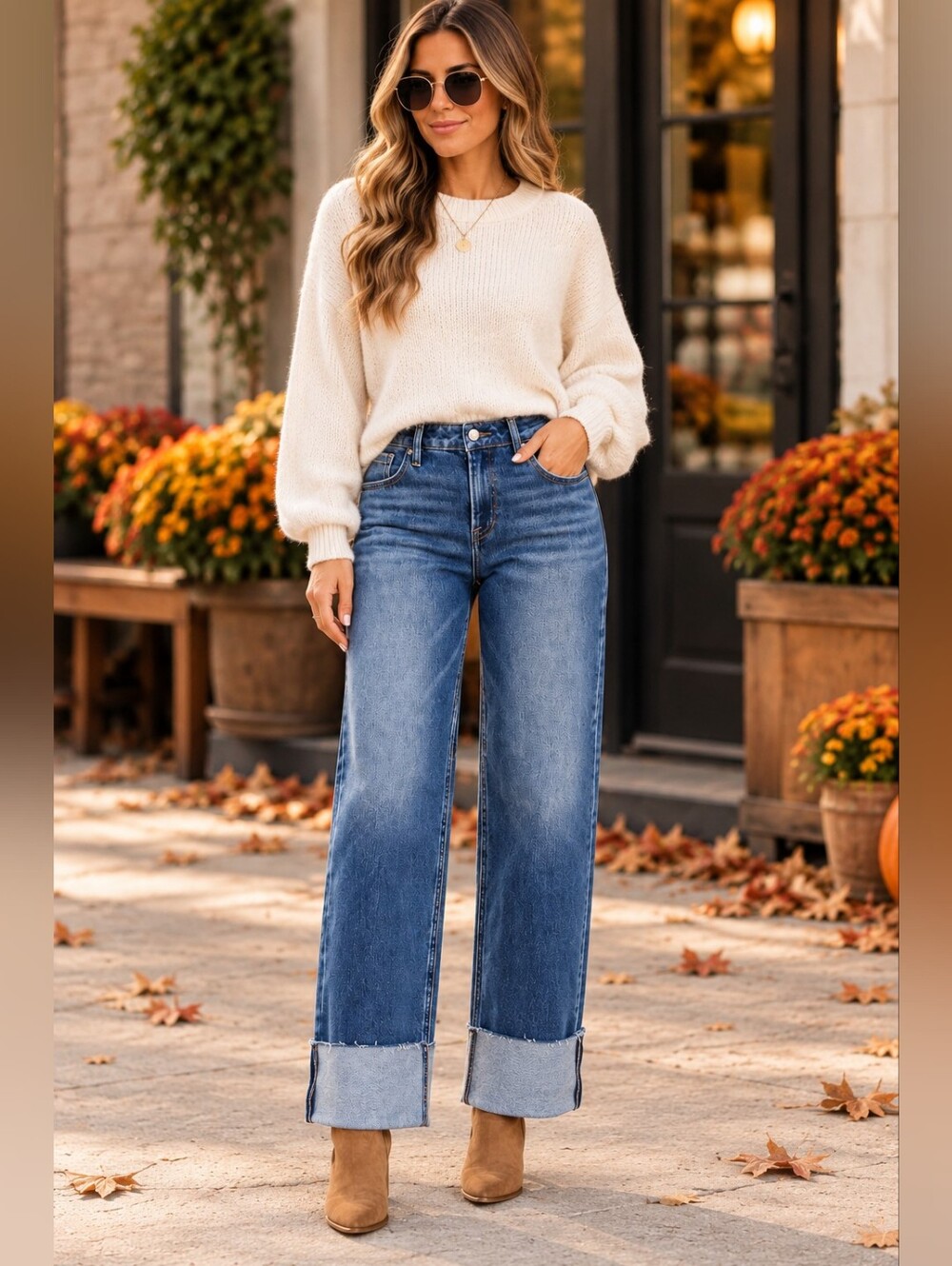 RISEN Women's Straight Leg Jeans Wide Cuffed Classic Stretch Dark MR Various NEW